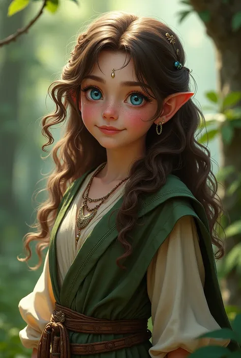 ((high resolution)), ((pale skin)), freckled, brunette ((11 year old)) girl, with blue eyes, blushing cheeks, wavy hair, smiling, large breasts, as a fantasy druid