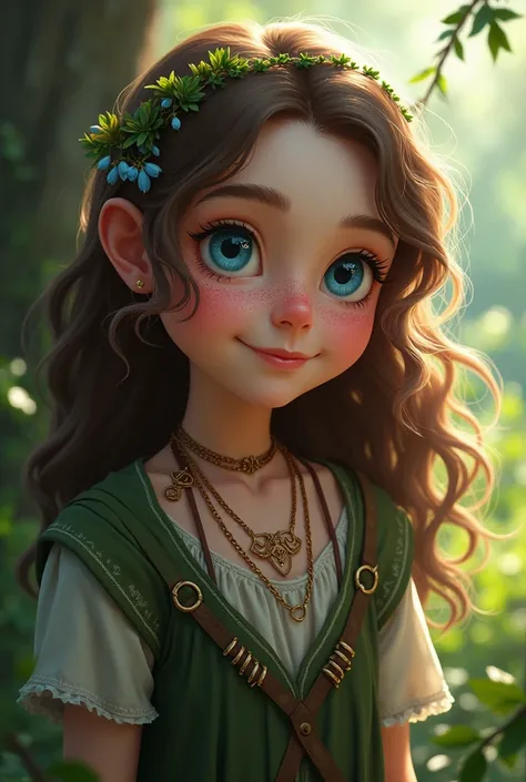 ((high resolution)), ((pale skin)), freckled, brunette ((11 year old)) girl, with blue eyes, blushing cheeks, wavy hair, smiling, large breasts, as a fantasy druid