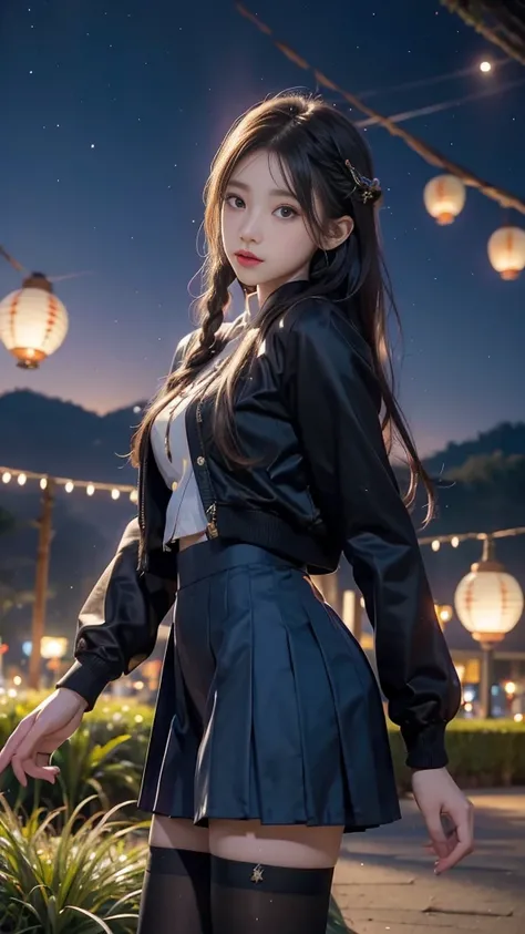 ulzzang-6500-v1.1, (RAW photo: 1.2), (Real photo), (Real photo: 1.4), 1 girl、Perfect anatomy、20 years old、Looking at the camera、Medium length hair、side braids, uniform short skirt, in a surreal royal garden, with many hanging lanterns, under the starry nig...