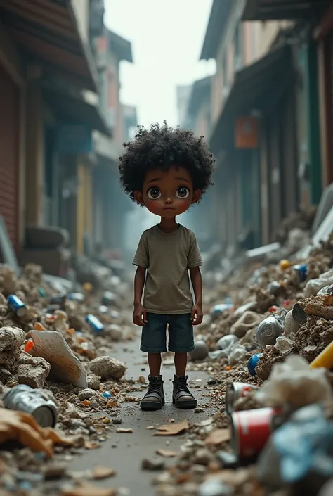 A black boy with curly hair, on a road full of garbage