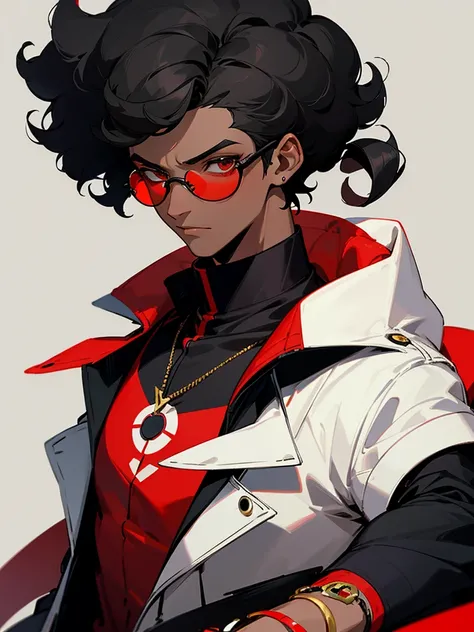 Image of a dark-skinned boy with short curly black hair wearing black glasses, a white bracelet with black details and a red shirt and a long black jacket on top, with design based on the style of a pokemon trainer.