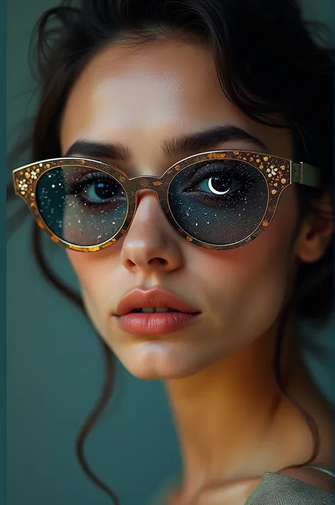 The model is wearing glass sunglasses with stars and the moon on the glass