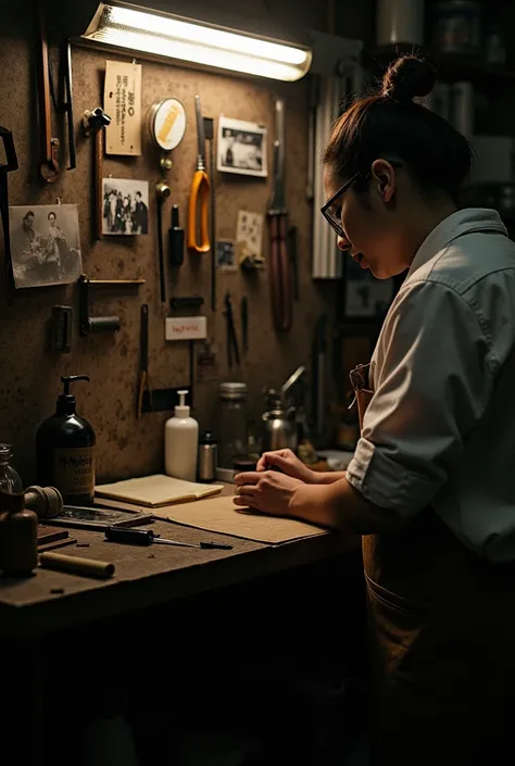 ((Japan))A dimly lit human body workshop in、((Old photos on the wall))、その写真はJapan人剥製師とJapan人の若い女性とのツーショットの笑顔の写真だった、That&#39;s how it is々Tools were hanging(((It was pinned to the wall of the workshop.)))