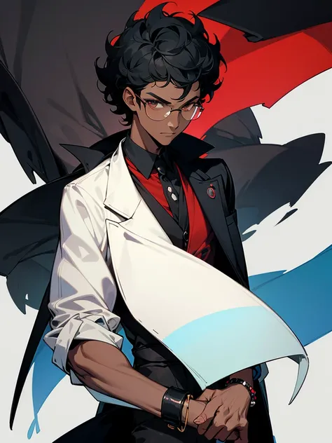 Image of a dark-skinned boy with short curly black hair wearing black glasses, a white bracelet with black details and a red shirt and a black overcoat on top, with design based on the style of a pokemon trainer.