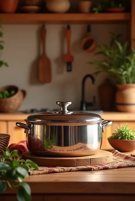 A beautiful picture of a stainless pot sitting prettily on a table in a modern African kitchen 