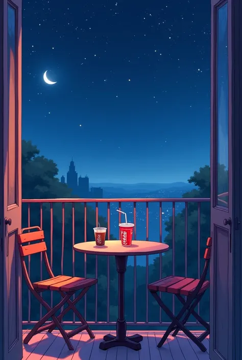 Make a picture of a balcony, along with a coffee and a glass of Coca-Cola, on a starry night. The table has two chairs and the environment is comfortable., conveying a sense of passion with pastel colorsanime art style. 