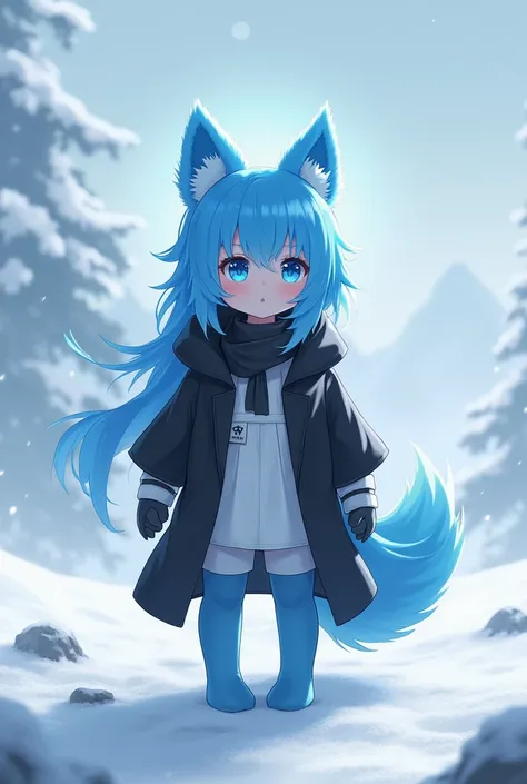 anime,Change, human girl,Whole body, by the wide, blue fur, blue eyes, black and white clothes, small stature snowy place background