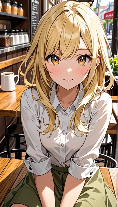 Beautiful and blond, cafe, wearing white, free arms, looking sitting across the viewer , intrested 