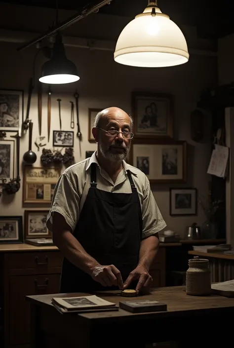 ((Japan))A dimly lit human body workshop in、((Old photos on the wall))、その写真はJapan人剥製師とJapan人の若い女性とのツーショットの笑顔の写真だった、That&#39;s how it is々Tools were hanging(((It was pinned to the wall of the workshop.)))