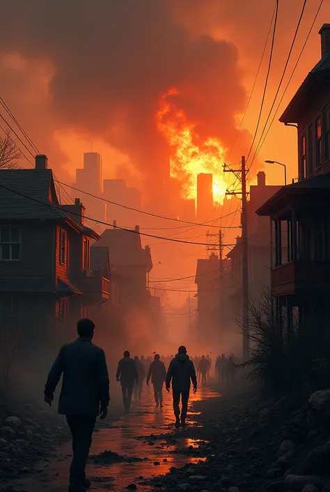 A City in caos with flames and zombies, with a bunch of people seeing it from a house