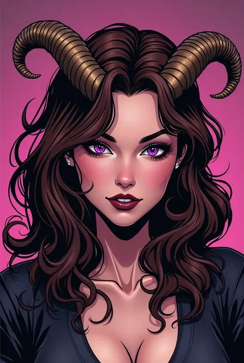 A comic style villain girl with medium long wavy brown hair, purple eyes, goat-shaped horns 