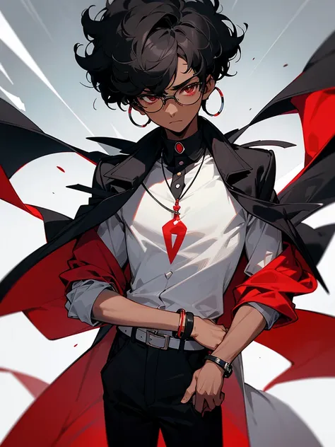 Image of a dark-skinned boy with short curly black hair wearing black glasses, a white bracelet with black details and a red shirt and a black overcoat on top, with design based on the style of a pokemon trainer.