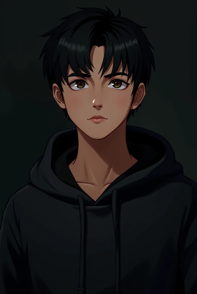 Brown indian looking guy wearing black hoodie that used for profile in black background and medium length black hair with middle part with wolfcut hair stayle and have wolfcut