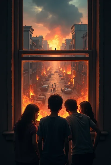 A City in caos with flames and zombies, with a few people seeing it from a house