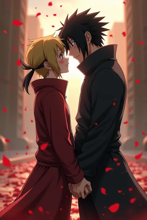 Naruto Uzumaki a little taller than Sasuke Uchiha, looking into each other&#39;s eyes with love and with details of blood splatter and rose petals
