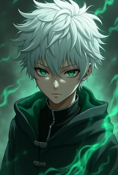 boy with white hair, dark green eyes, The man like Toji Fushiguro, estilo Jujutsu Kaisen 