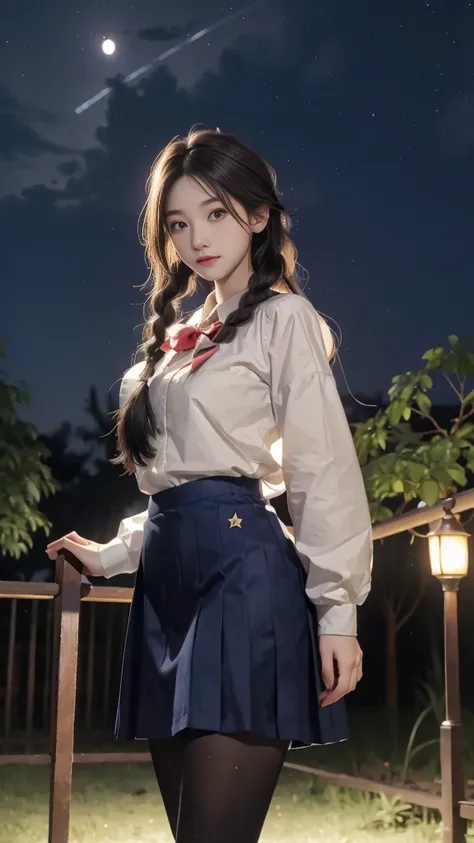 ulzzang-6500-v1.1, (RAW photo: 1.2), (Real photo), (Real photo: 1.4), 1 girl、Perfect anatomy、19 years old、Looking at the camera、Medium length hair、side braids, uniform short skirt, in a surreal royal garden, with many hanging lanterns, under the starry nig...