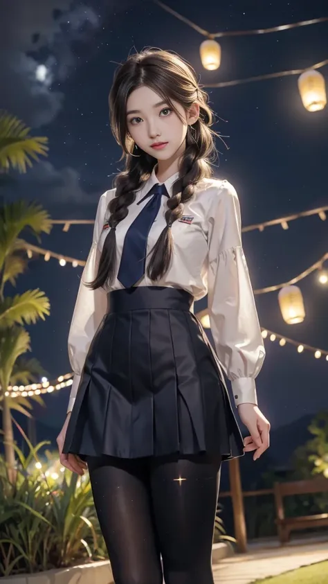 ulzzang-6500-v1.1, (RAW photo: 1.2), (Real photo), (Real photo: 1.4), 1 girl、Perfect anatomy、19 years old、Looking at the camera、Medium length hair、side braids, uniform short skirt, in a surreal royal garden, with many hanging lanterns, under the starry nig...