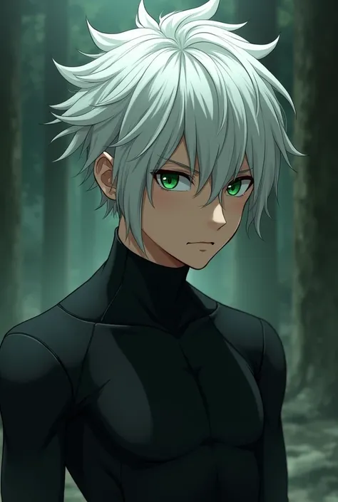 boy with white hair, dark green eyes, with a black compression shirt, hair like toji, estilo Jujutsu Kaisen 