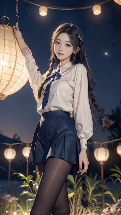 ulzzang-6500-v1.1, (RAW photo: 1.2), (Real photo), (Real photo: 1.4), 1 girl、Perfect anatomy、19 years old、Looking at the camera、Medium length hair、side braids, uniform short skirt, in a surreal royal garden, with many hanging lanterns, under the starry nig...