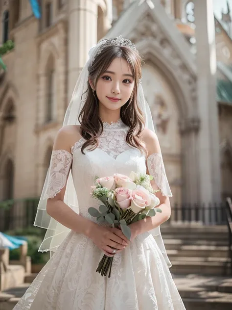 Photo-realistic quality、a woman in a Wedding dress holding a bouquet of flowers、Standing in front of the church、20 year old Japanese model、白のWedding dress,Hanae Mori style wedding dress、Japan idols at 20 years old、lace prom dresses、looking at the camera、De...