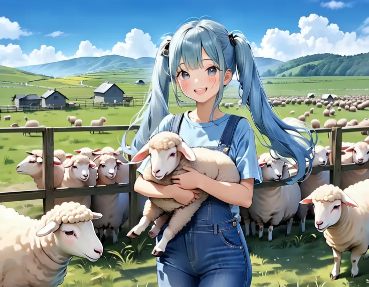 Light blue long hair、beautiful girl with twin tails、T-shirt and denim jumpsuit、A happy smile、Sheep pasture、Lots of sheep、 smiling while holding a sheep、blue sky、Two dogs watching over sheep