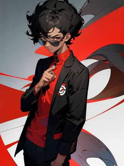 Image of a dark-skinned boy with short curly black hair, wearing black glasses, a red shirt and a black jacket with white lines, with design based on the style of a pokemon trainer.