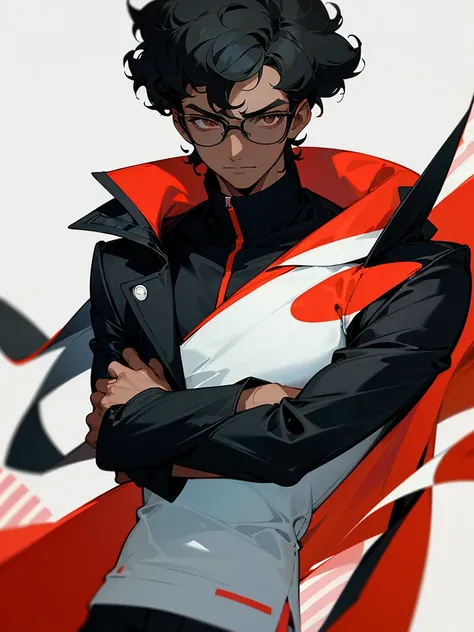 Image of a dark-skinned boy with short curly black hair, wearing black glasses, a red shirt and a black jacket with white lines, with design based on the style of a pokemon trainer.