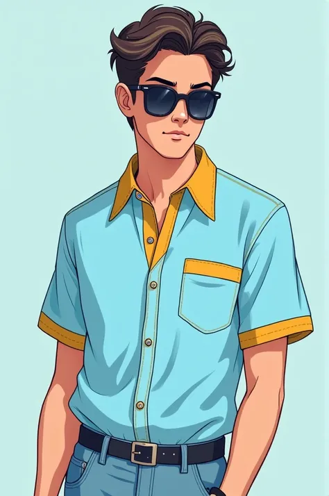 Light blue shirt with mustard-colored detail 