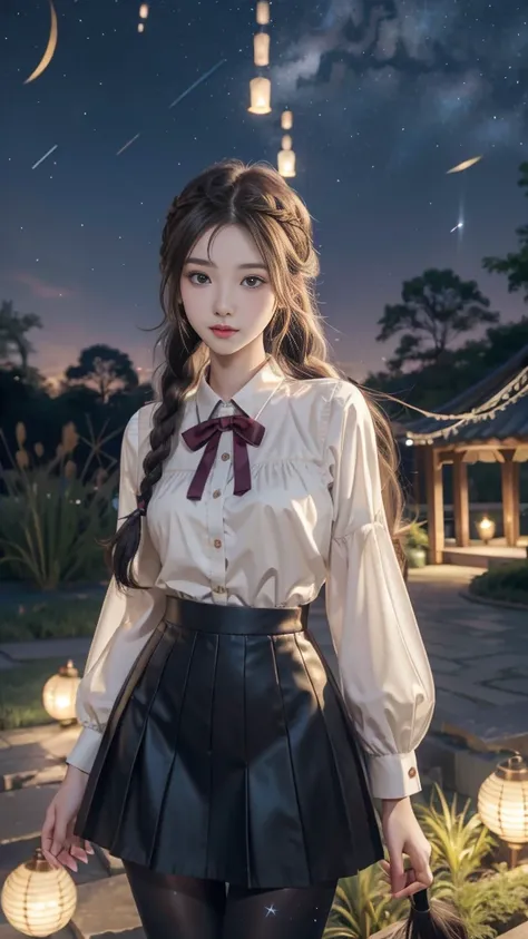 ulzzang-6500-v1.1, (RAW photo: 1.2), (Real photo), (Real photo: 1.4), 1 girl、Perfect anatomy、19 years old、Looking at the camera、Medium length hair、side braids, uniform short skirt, in a surreal royal garden, with many hanging lanterns, under the starry nig...