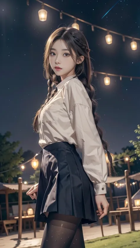 ulzzang-6500-v1.1, (RAW photo: 1.2), (Real photo), (Real photo: 1.4), 1 girl、Perfect anatomy、19 years old、Looking at the camera、Medium length hair、side braids, uniform short skirt, in a surreal royal garden, with many hanging lanterns, under the starry nig...