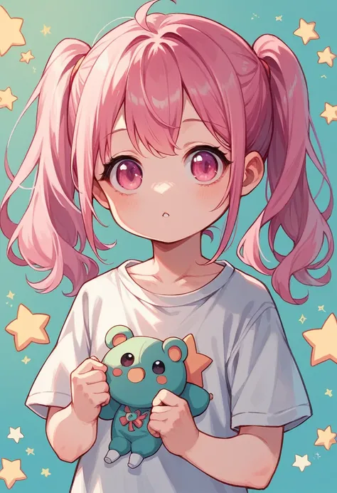 Anime young girl , child , with pink hair , pink eyes , pigtails haircut , cute , stars in the eyes