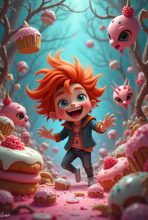 , Red hair, eyes,blue, laughing, surrounded by sweets, demons,