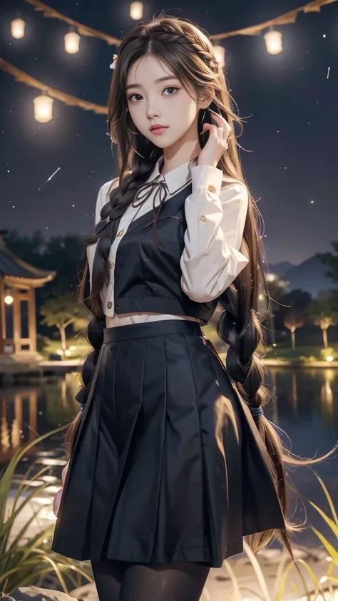 ulzzang-6500-v1.1, (RAW photo: 1.2), (Real photo), (Real photo: 1.4), 1 girl、Perfect anatomy、19 years old、Looking at the camera、Medium length hair、side braids, uniform short skirt, in a surreal royal garden, with many hanging lanterns, under the starry nig...