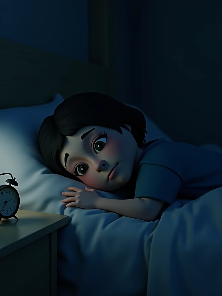 Insomnia scene: A 3D render of a person lying on a bed, with marked dark circles and an expression of frustration, showing that he cannot sleep despite being exhausted. The room is dark, except for a small clock on the bedside table showing 3:00 a.m. 9:16 ...