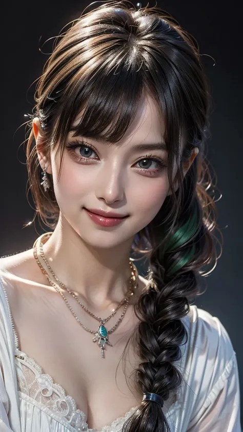 ((Beautiful Face:1.2)), (Purelos Face_v1: 1.0), Half Body,((White simple background)),One girl, alone, hair ornaments, Green Hair, Twin tails, Long Hair, dress, water,, Mid shot portrait photography (Farzan) From Genshin Impact,, Dark Fantasy Background, C...