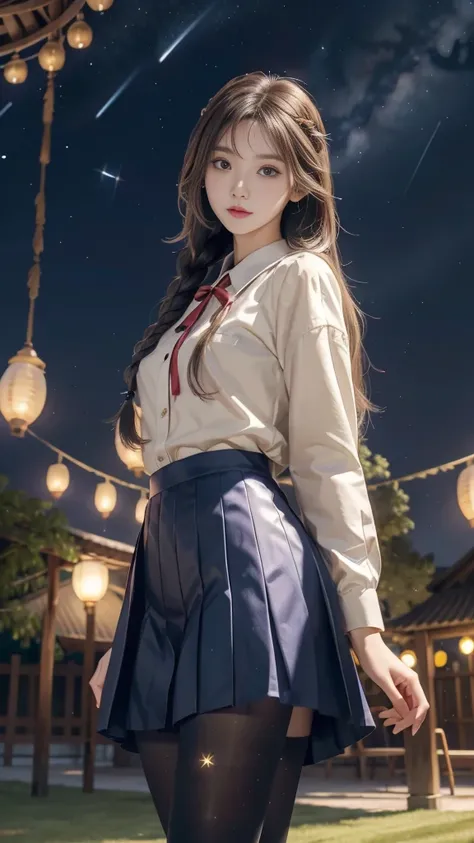 ulzzang-6500-v1.1, (RAW photo: 1.2), (Real photo), (Real photo: 1.4), 1 girl、Perfect anatomy、19 years old、Looking at the camera、Medium length hair、side braids, uniform short skirt, in a surreal royal garden, with many hanging lanterns, under the starry nig...