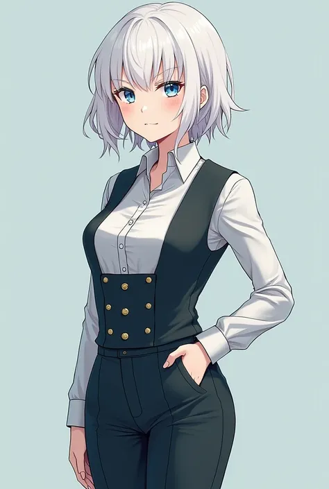 one girl, butler costume, boyish, cool, androgynous, white hair, light blue eyes, 14 years old, cute, trousers, sex, intercourse