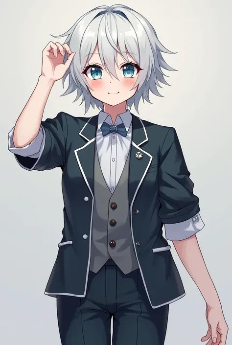 one girl, butler costume, boyish, cool, androgynous, white hair, light blue eyes, 14 years old, cute, trousers, sex, intercourse