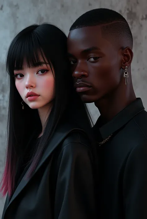 e-girl with a black coat, straight hair with a few strands of hair dyed a little pink, a little towards red, with the rest of her hair black, a little of that color on the bangs, and a dark-skinned man with short hair shaved on the side, with a thick cord,...