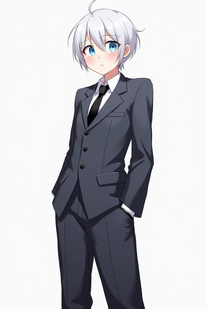 one girl, butler costume, boyish, cool, androgynous, white hair, light blue eyes, 14 years old, cute, trousers, sex, intercourse