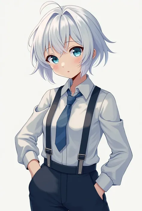 one girl, butler costume, boyish, cool, androgynous, white hair, light blue eyes, 14 years old, cute, trousers, sex, intercourse