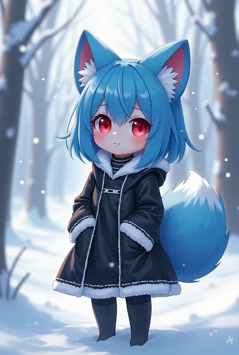 anime, by the wide, human girl,whole body, blue fur,crimson eyes , black and white clothes, short stature,

snowy place background