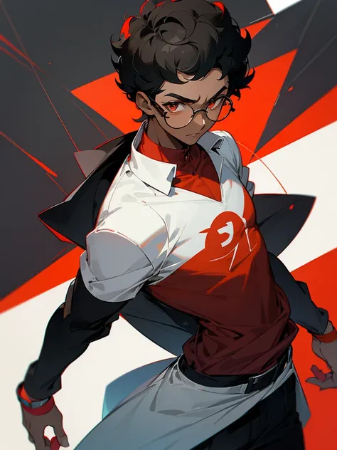 Image of a dark-skinned boy with short black curly hair, with glasses, wearing a red shirt and a black jacket with white lines, with design based on the style of a pokemon trainer.