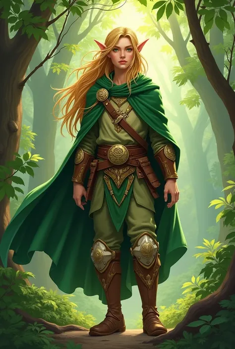 
Aric is an elf of average height with light green skin and long, golden hair.. He wears light leather armor., adorned with symbols of nature and a green cloak that blends into the forest environment. His eyes are a deep green, reflecting his connection wi...