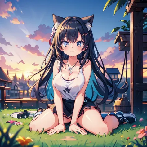 Anime Kawaii sexy Perfect Slim sensual body large breast and huge thighs, An intricate and highly detailed illustration of anime (Young girl)  Top view, flirtatious look, sweet smile, right hand arranging her hair, black hair, long, cat ears, silver eyes, ...