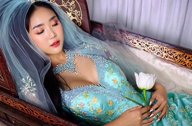 in a striking 8k hdr scene, a stunning korean woman, 22 years old, lies peacefully in a long coffin and coffin lid beside the de...