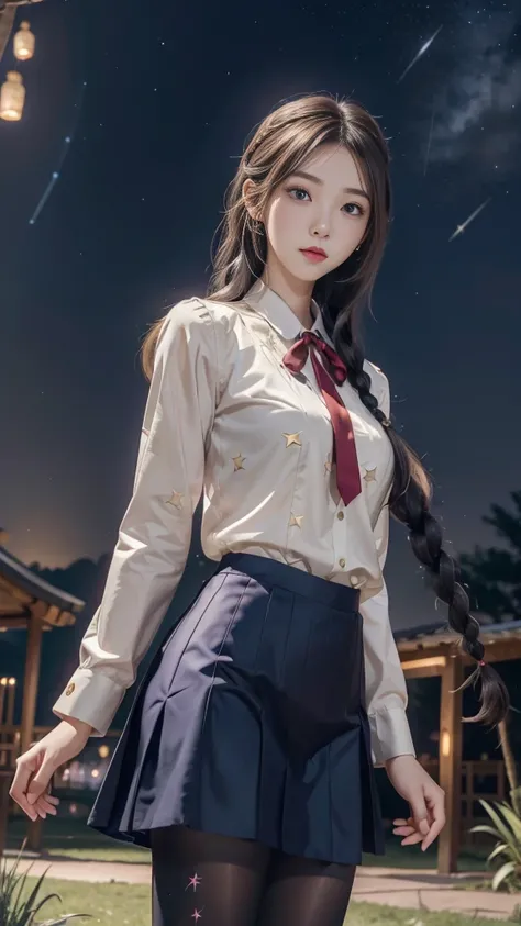 ulzzang-6500-v1.1, (RAW photo: 1.2), (Real photo), (Real photo: 1.4), 1 girl、Perfect anatomy、20 years old、Looking at the camera、Medium length hair、side braids, uniform short skirt, in a surreal royal garden, with many hanging lanterns, under the starry nig...