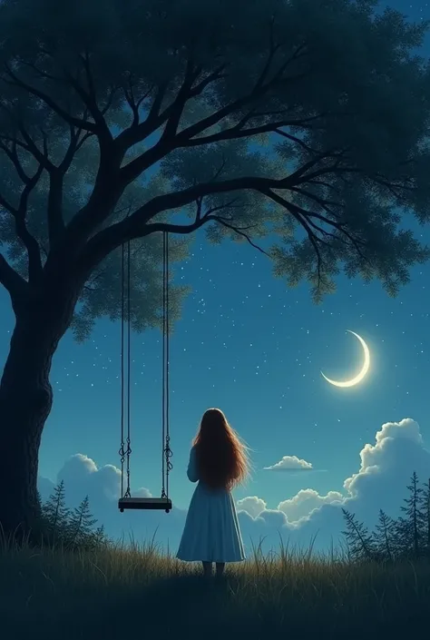 An image in the field at night, a woman with long brown hair from behind under a tree that has a swing. It&#39;s night and you can see the stars in the sky, the moon and saturn&#39;s rings
