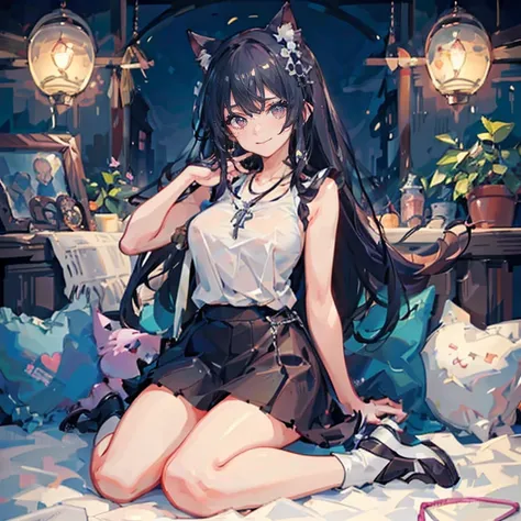 Anime Kawaii sexy Perfect Slim sensual body large breast and huge thighs, An intricate and highly detailed illustration of anime (Young girl)  Top view, flirtatious look, sweet smile, right hand arranging her hair, black hair, long, cat ears, silver eyes, ...